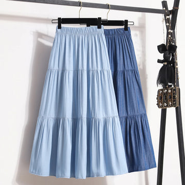 Women's Patchwork Denim Color Spliced A-line Skirt Tencel Big Swing Long Thin Skirt