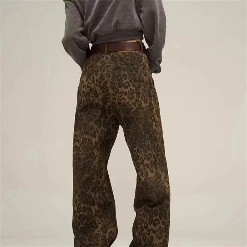 Tan Leopard Jeans Women Denim Pants Female Oversize Wide Leg Trousers Streetwear Hip Hop Vintage Clothes Loose Casual