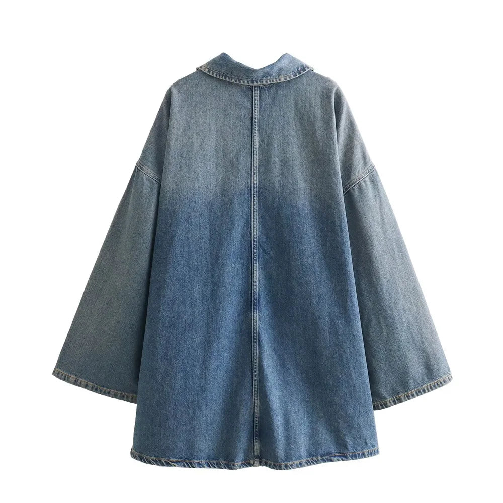 Women's Autumn and Winter New Fashion Loose A-Line Skirt Commuting Casual Lapel Denim Dress