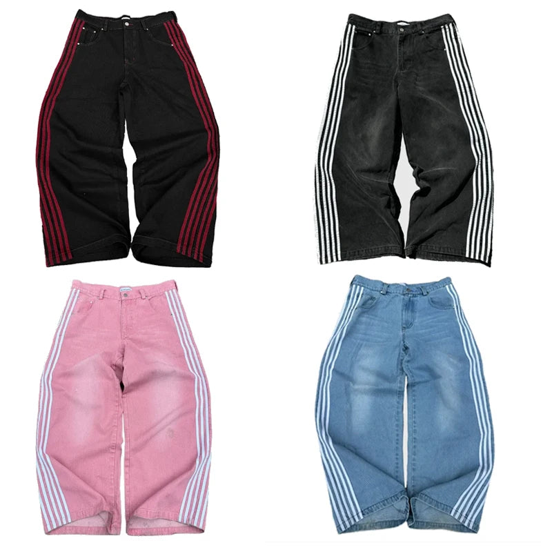 Y2K Baggy Jeans high quality Embroidered Striped Harajuku Sweatpants men women Hip Hop streetwear  Casual wide leg Denim Pants