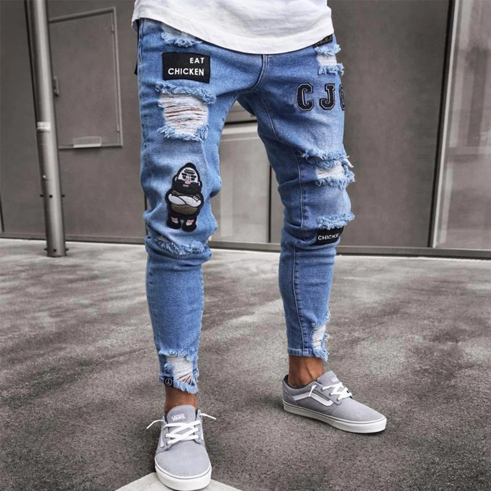 White Embroidery Skinny Ripped Jeans Men Cotton Stretchy Hole Slim Fit Hip Hop Denim Pants Casual Jeans for Men Jogging Trousers