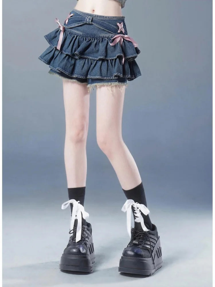 Blue Denim Pleated Skirt Bow Fold Design Women's A-line Short Skirt Built in Shorts American Spicy Girl Korean Fashion Hotsweet