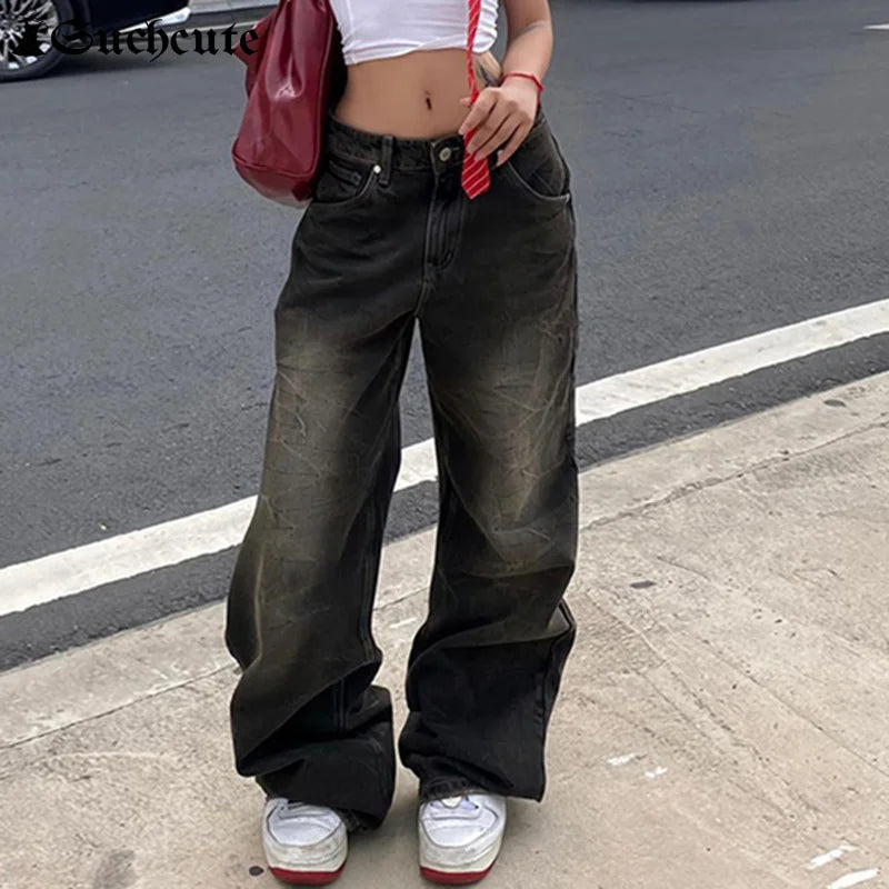 SUCHCUTE Low Waist Jeans for Women Goth Y2k Style Baggy Jeans Punk New Jeans Wide Leg Denim Pants Kpop Casual Loose Streetwear