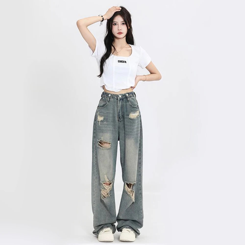 American Vintage Hole Y2k Women Jeans High Waist Jeans Wide Leg Baggy Loose Straight Hip Hop Streetwear Dragging Denim Pants