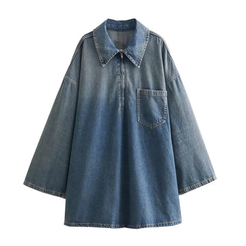 Women's Autumn and Winter New Fashion Loose A-Line Skirt Commuting Casual Lapel Denim Dress