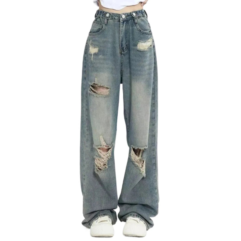 American Vintage Hole Y2k Women Jeans High Waist Jeans Wide Leg Baggy Loose Straight Hip Hop Streetwear Dragging Denim Pants