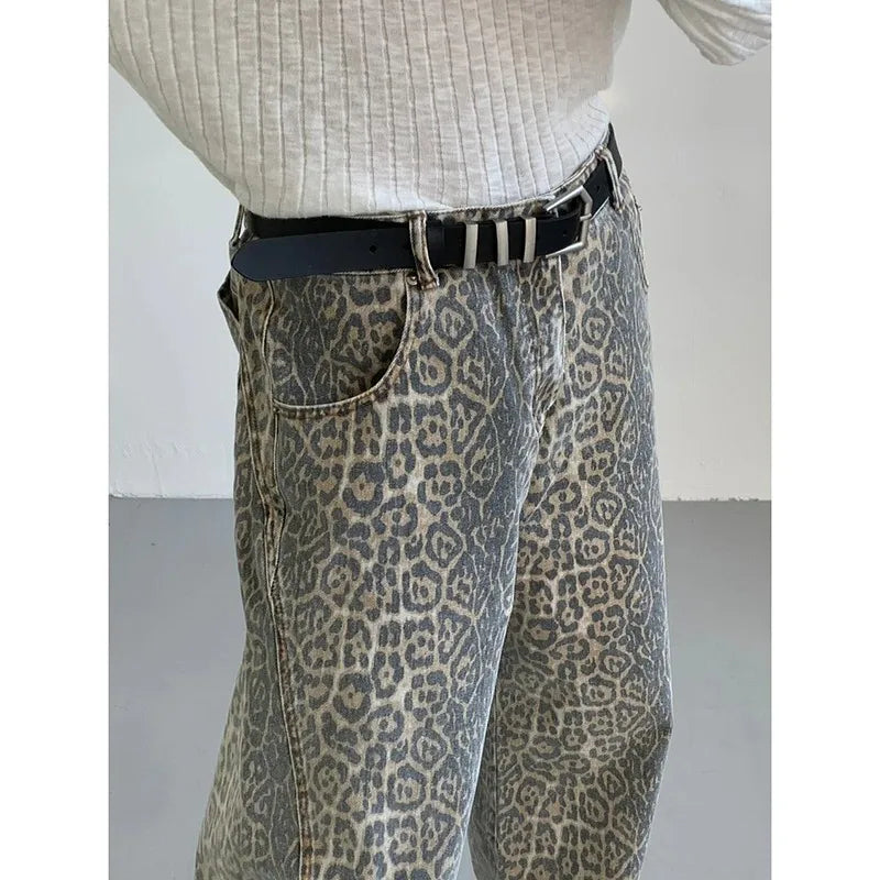 Women's Jeans Leopard High Waist Hip Hop Straight Fashion Pants Streetwear Harajuku Y2K Style Female Wide Leg Denim Trousers