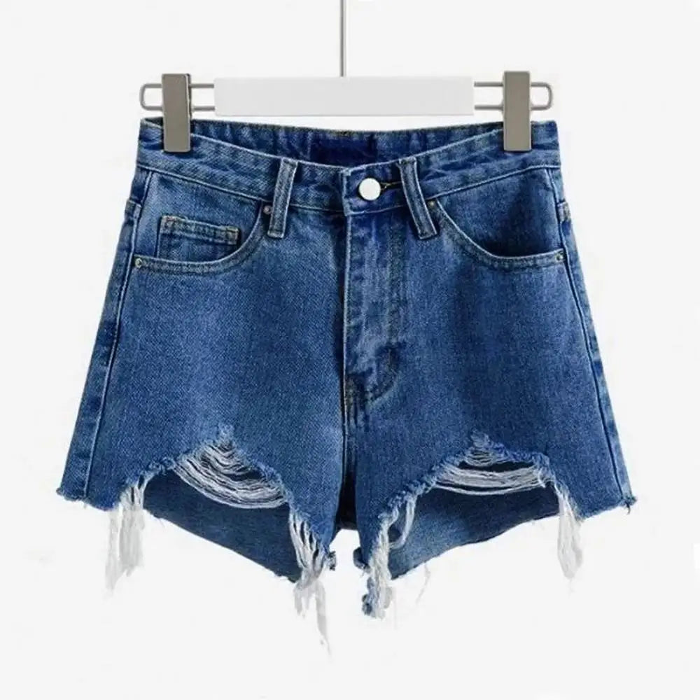 Summer Women's Cowboy Shorts Korean High Waist Casual Denim Shorts Pocket Tassel Perforated Ripped Holes Y2K Girls White Jeans